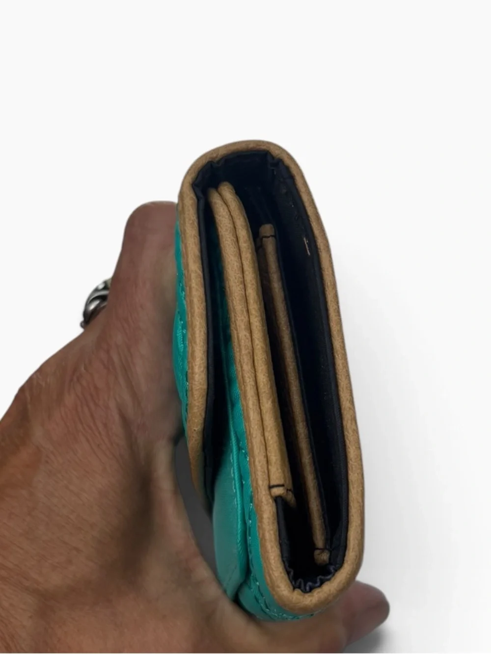 Nicole Miller Teal Quilted Wallet Tri Fold Fabric Wallet with Gold Plate